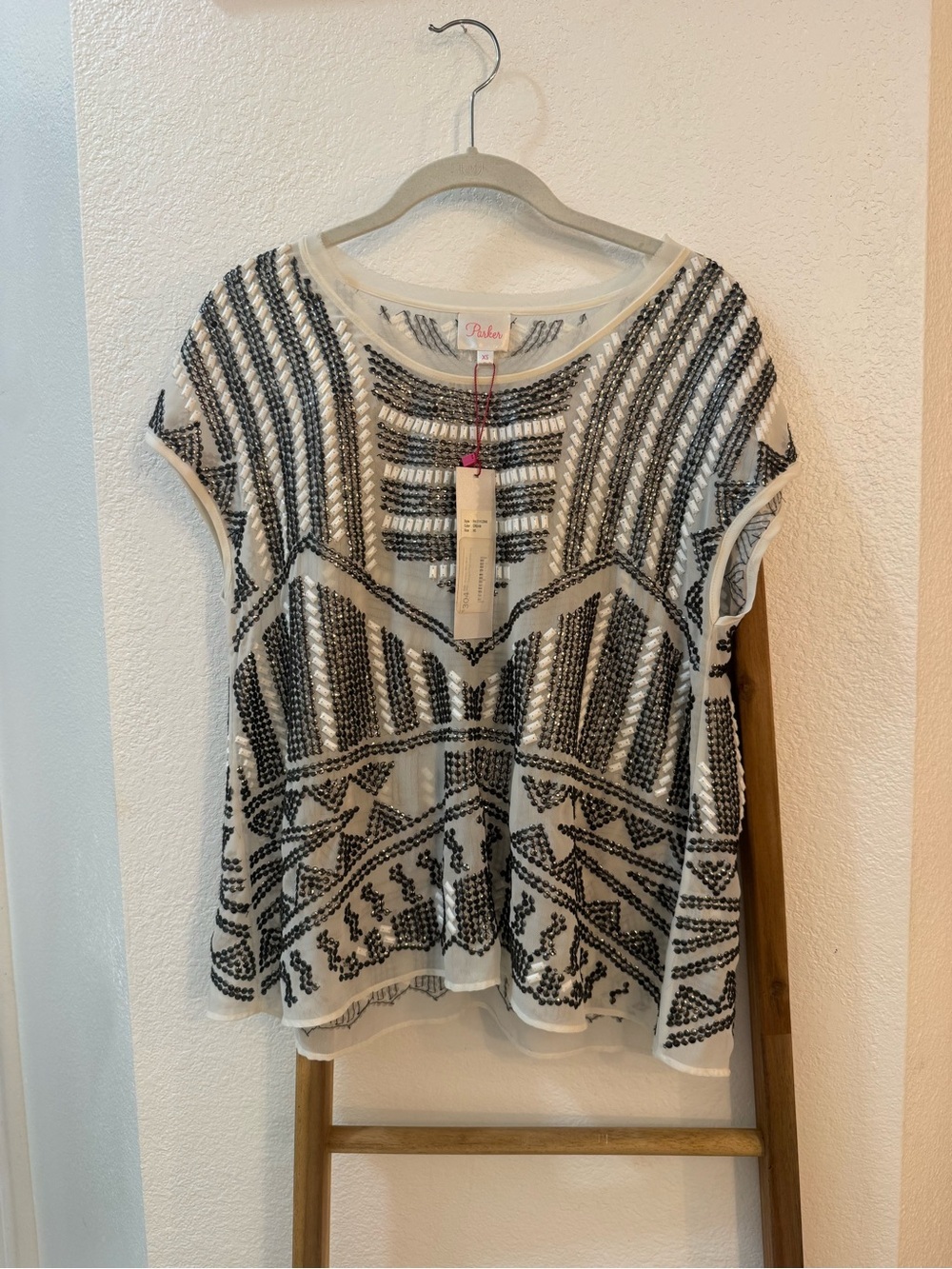 Parker White Beaded Short Sleeve Tunic Top